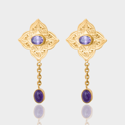 طقم نجدية كوارتز بنفسجي ذهب 21 سلسلة  - خاتم - حلق